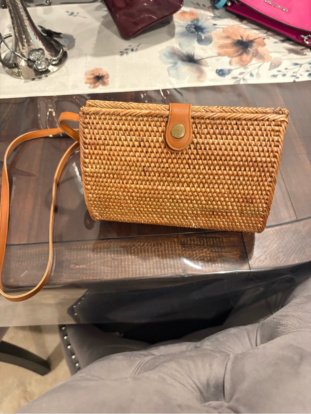 Woven Straw Crossbody Bag in Tan